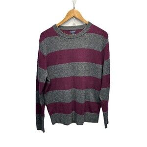 J Crew Crewneck Sweater Mens Large Lambs Wool Blend Burgundy Gray Striped